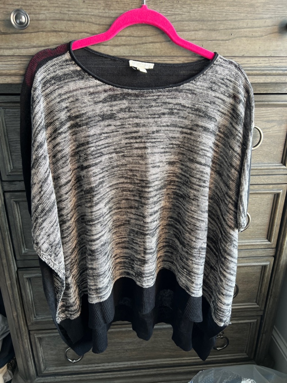 Eileen Fisher Black and Gray Marled Knit Poncho with Contrast Hem